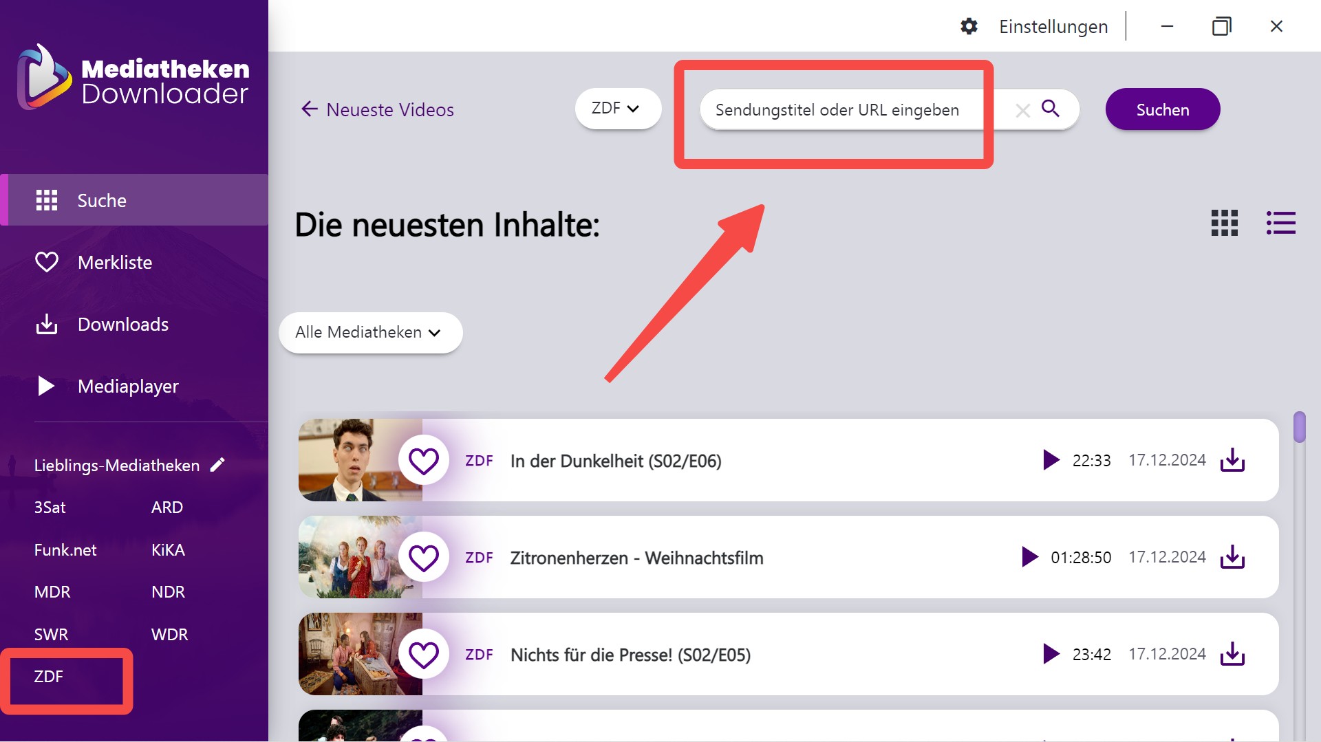 Download-Schritte mit Mediatheken Downloader