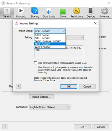  change the Import Using setting to MP3 