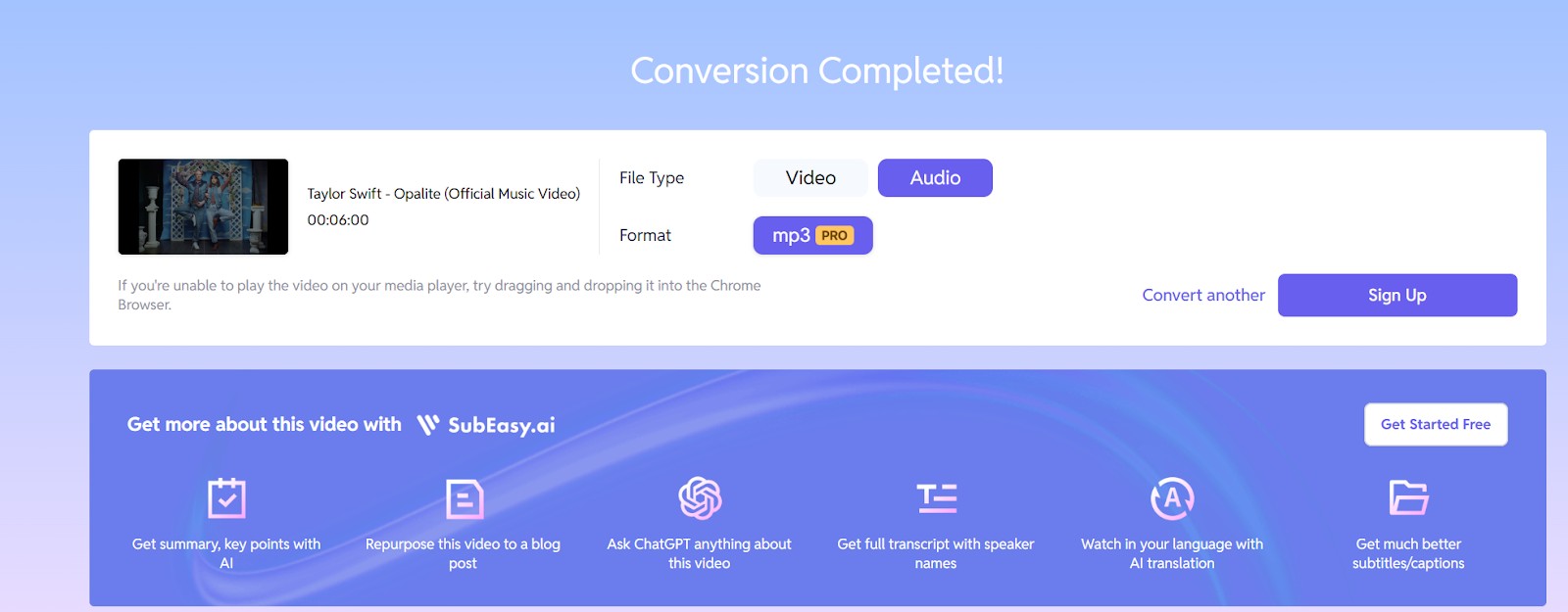  Subeas Youtube to wav page Interface showing MP3 only