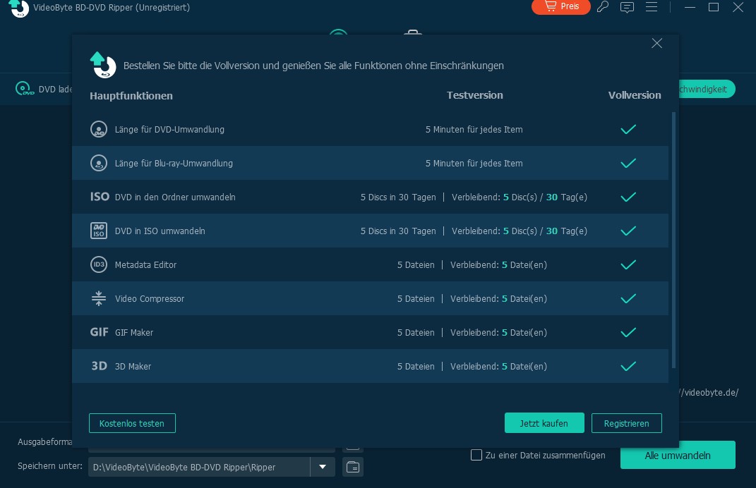 VideoByte BD-DVD Ripper: Kostenlose Version vs. Kostenpflichtige Version