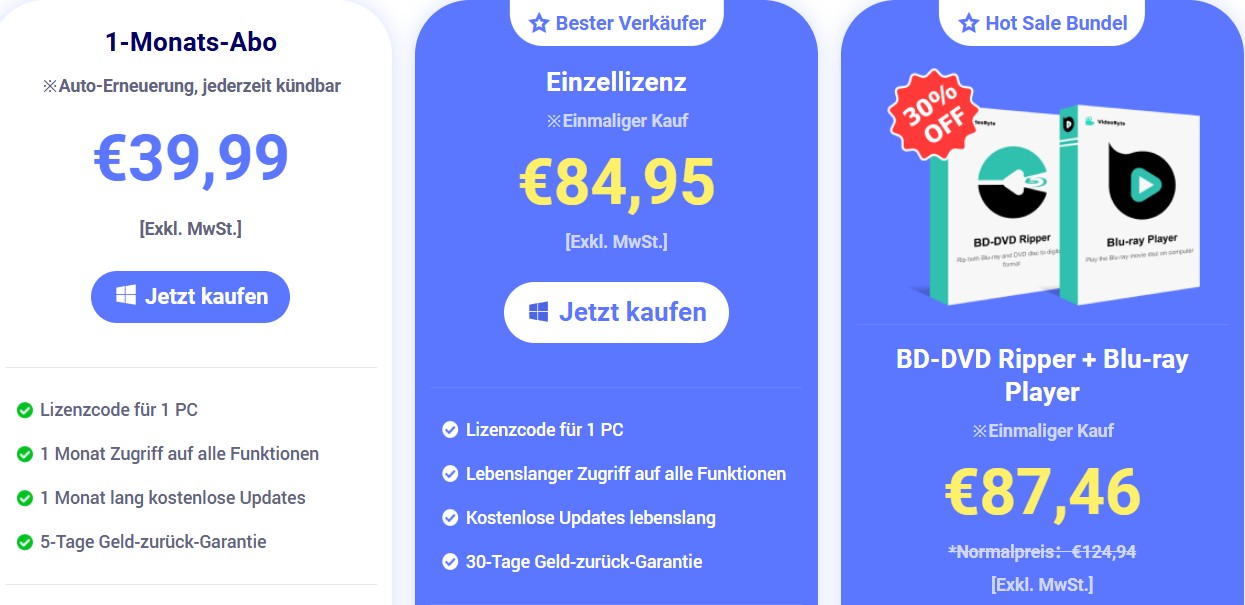  kostenpflichtige Vollversion des VideoByte BD-DVD Ripper-Preise