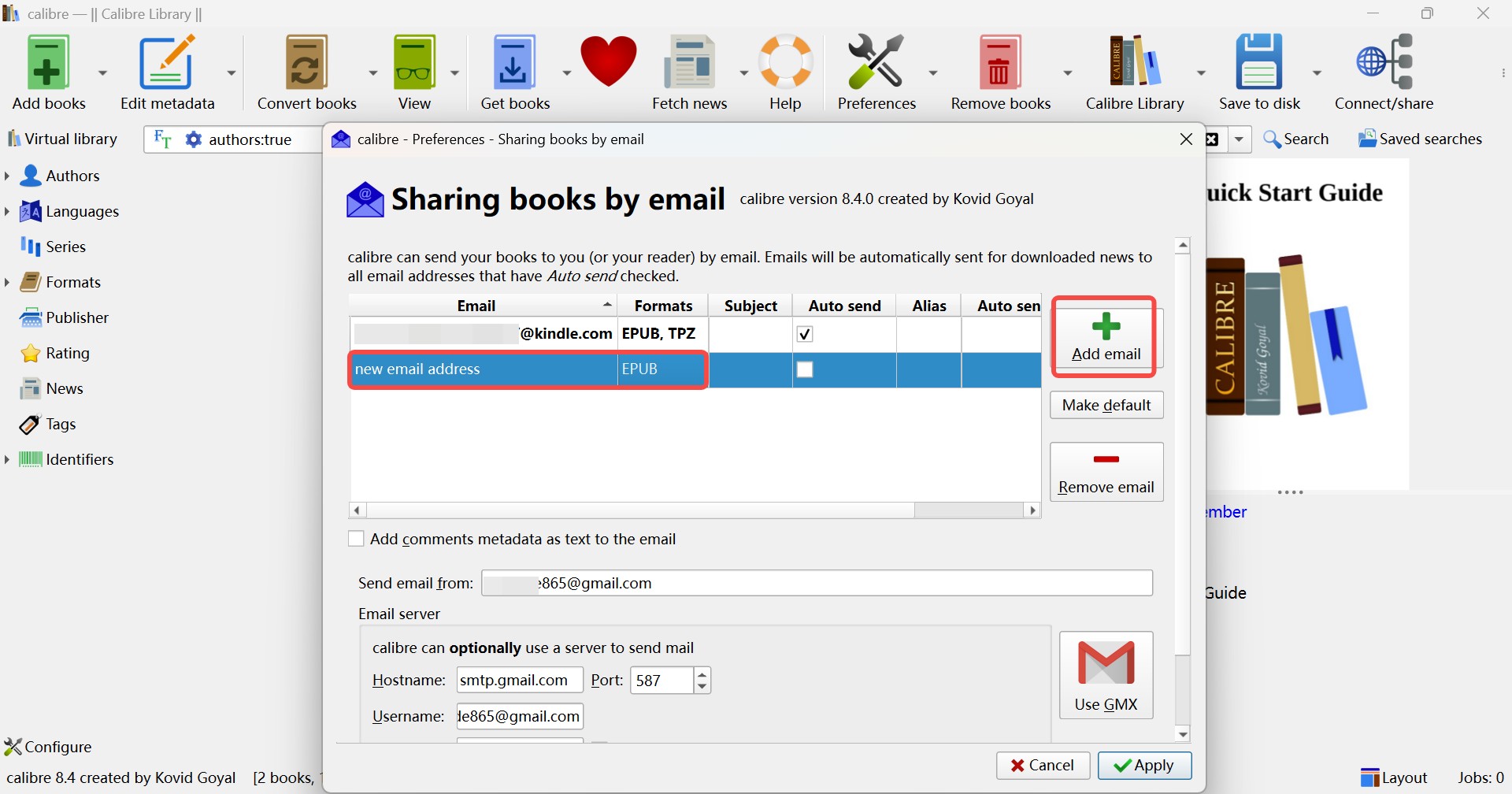 Transfer Books to Kindle from Calibre by Email