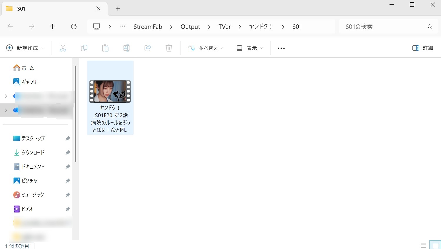 ダウンロード完了後に開く TVer 動画保存フォルダ